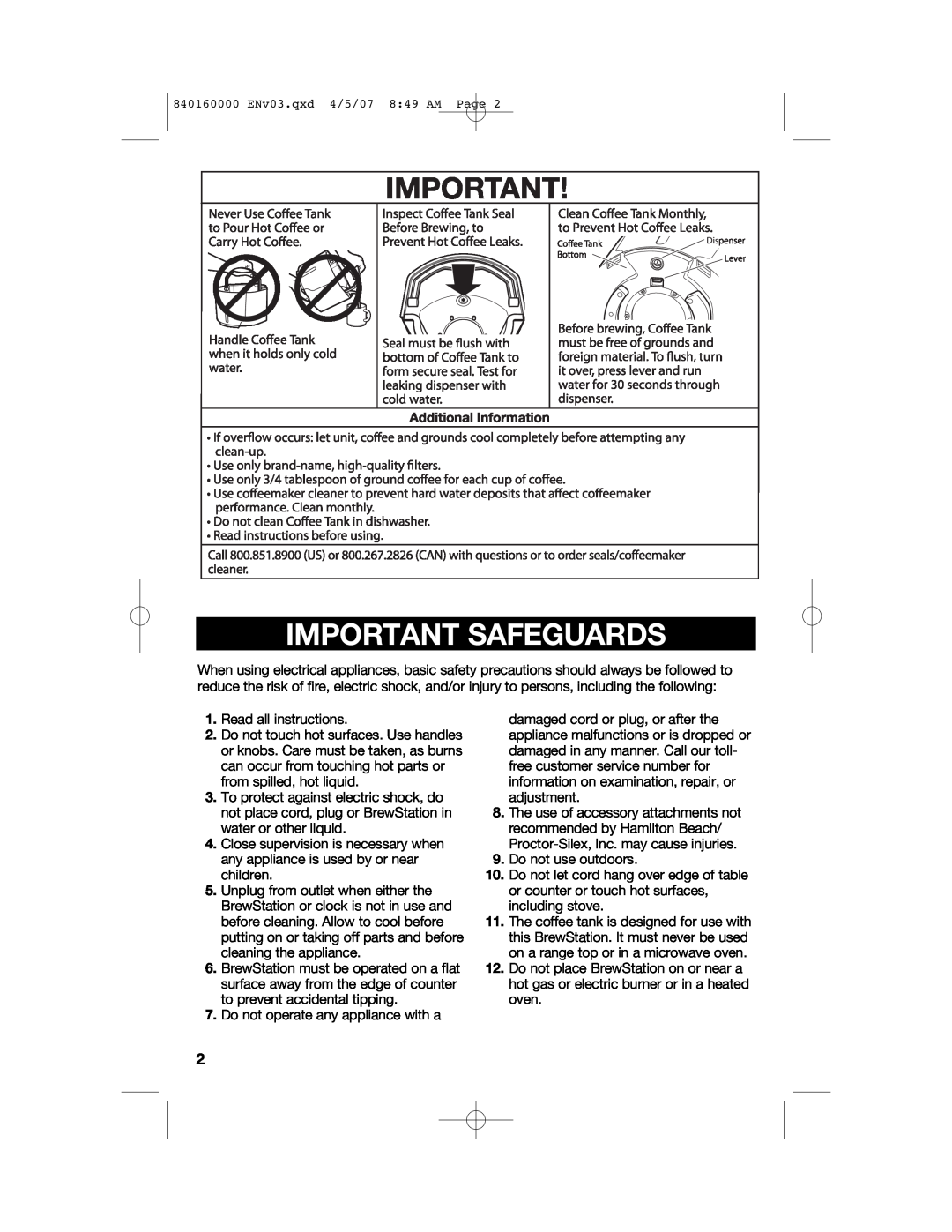 Hamilton Beach D43012B manual Important Safeguards 