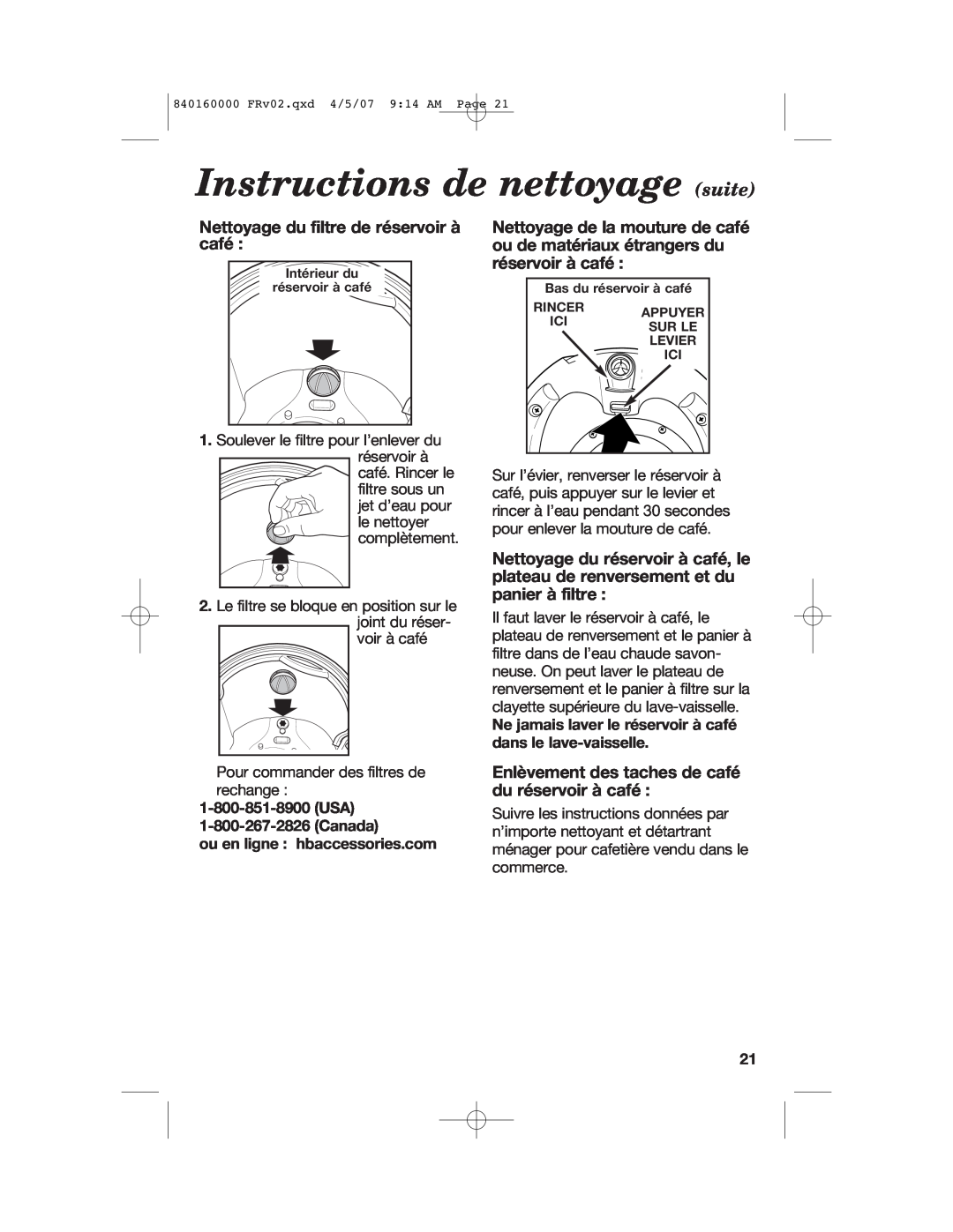 Hamilton Beach D43012B manual Instructions de nettoyage suite, Nettoyage du filtre de réservoir à café 
