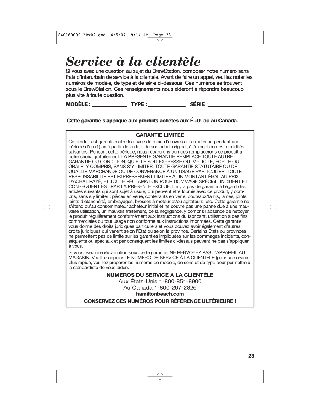 Hamilton Beach D43012B Service à la clientèle, Numéros Du Service À La Clientèle, Modèle Type Série, Garantie Limitée 
