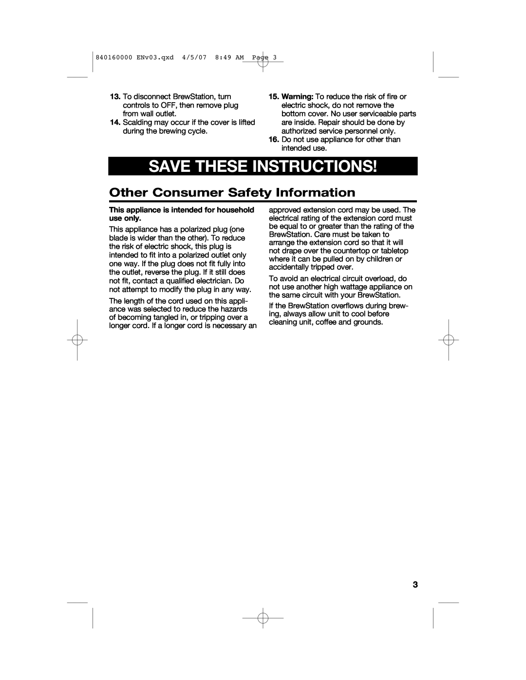Hamilton Beach D43012B manual Save These Instructions, Other Consumer Safety Information 