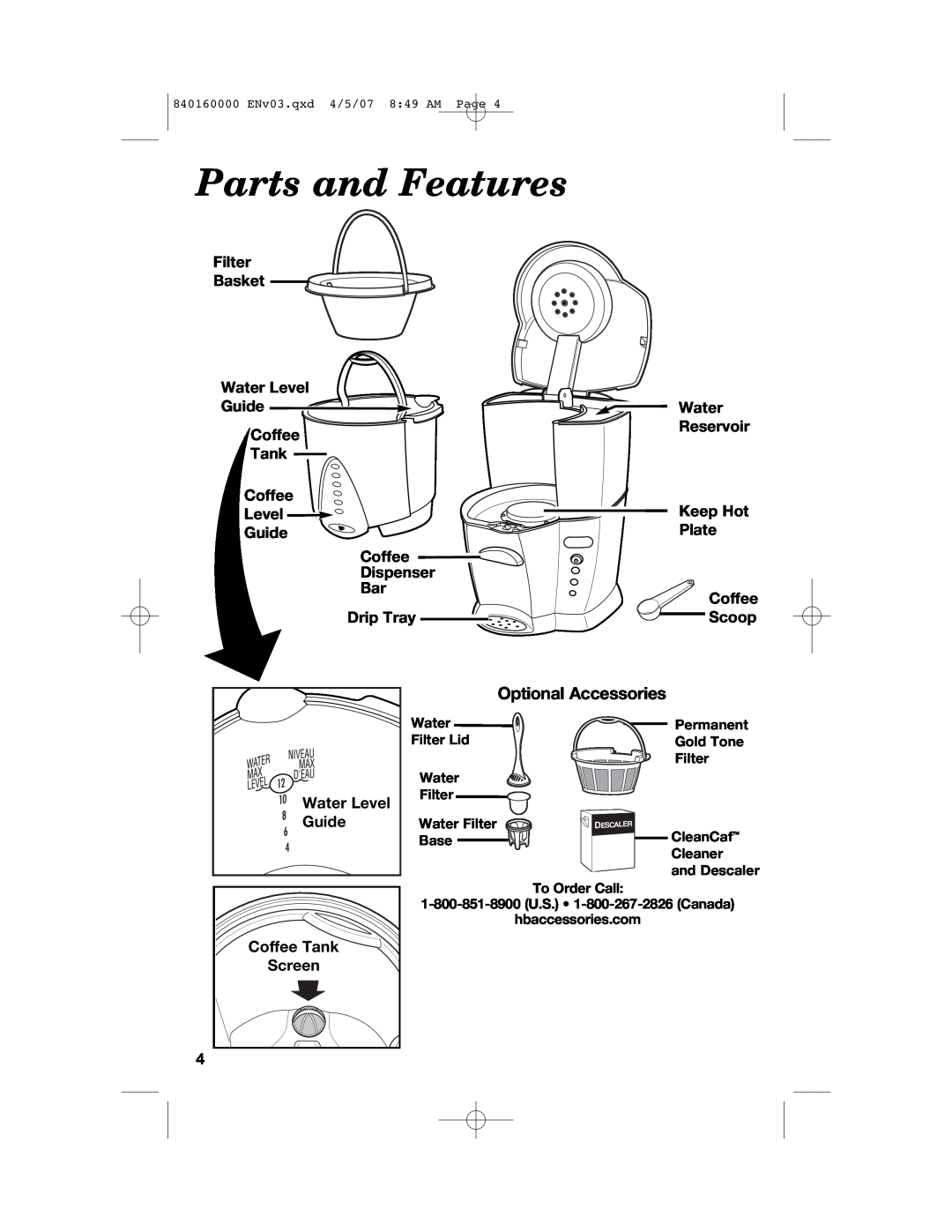Hamilton Beach D43012B manual Parts and Features, Optional Accessories, Dispenser Bar Drip Tray 