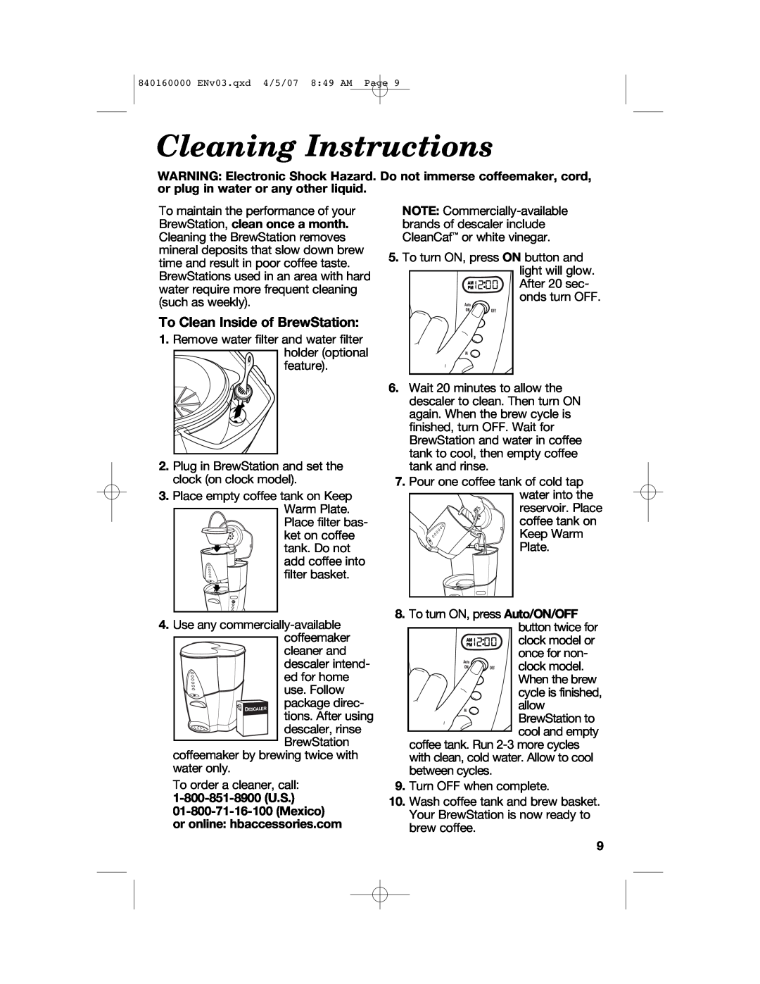 Hamilton Beach D43012B manual Cleaning Instructions, To Clean Inside of BrewStation, Mexico or online hbaccessories.com 