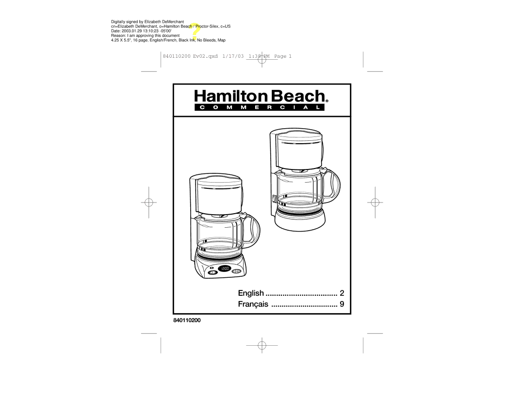 Hamilton Beach D45012W manual English Français 