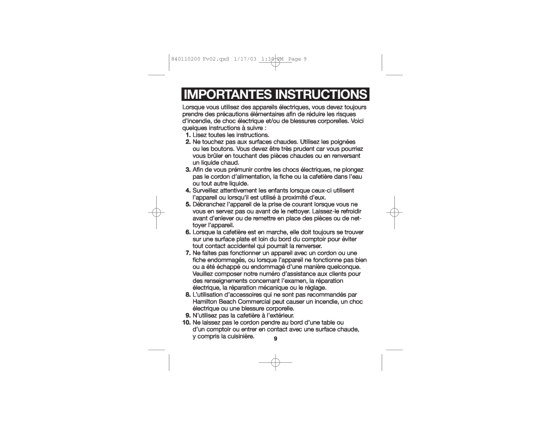 Hamilton Beach D45012W manual Importantes Instructions 