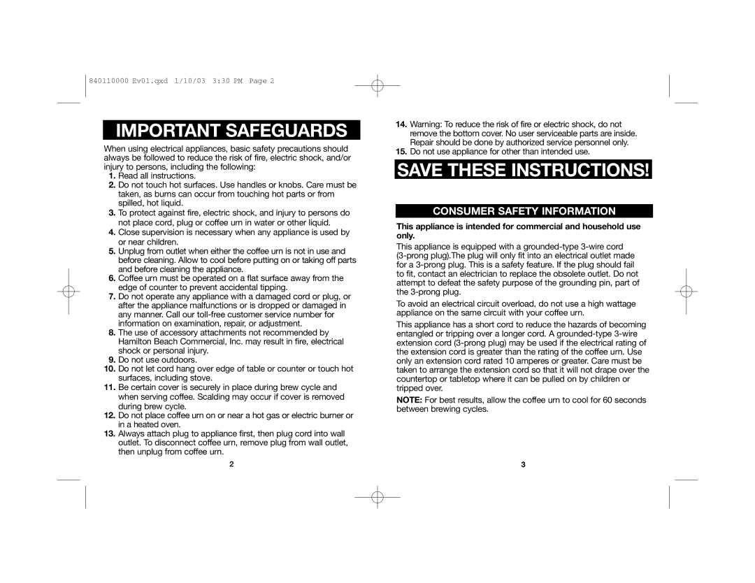 Hamilton Beach D50042 manual Important Safeguards 