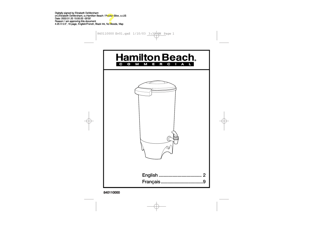 Hamilton Beach D50042 manual English, Français, 840110000 Ev01.qxd 1/10/03 3 30 PM Page 