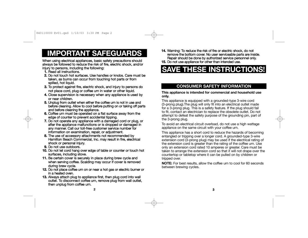 Hamilton Beach D50042 manual Important Safeguards, Save These Instructions, Consumer Safety Information 
