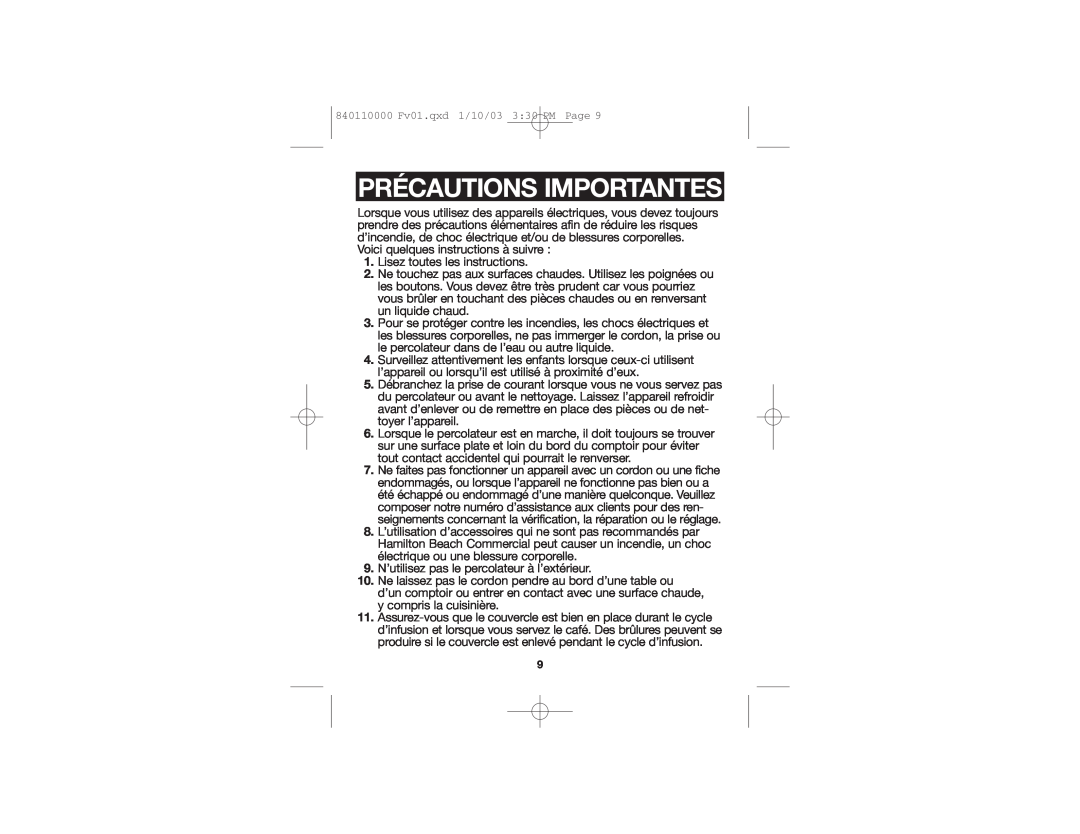 Hamilton Beach D50042 manual Précautions Importantes 