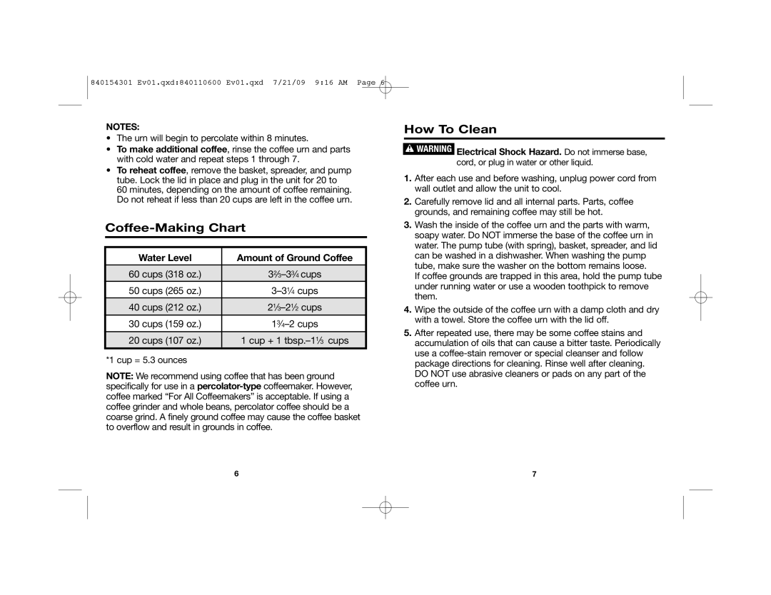 Hamilton Beach D50065, 840154301 manual Coffee-Making Chart, How To Clean, Water Level Amount of Ground Coffee 