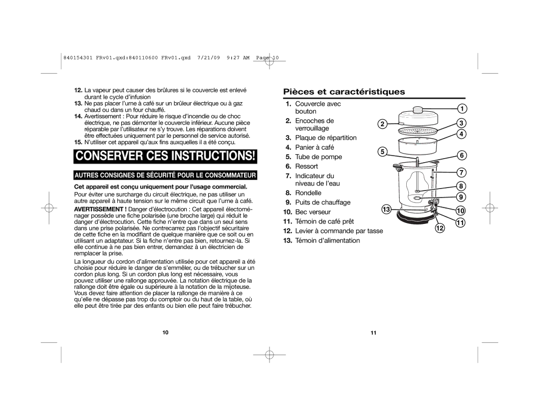 Hamilton Beach 840154301, D50065 manual Conserver CES Instructions, Pièces et caractéristiques 