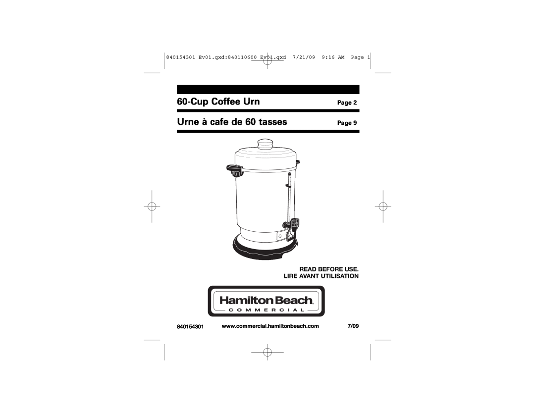Hamilton Beach 840154301 manual CupCoffee Urn Urne à cafe de 60 tasses, Page Page, Read Before Use Lire Avant Utilisation 