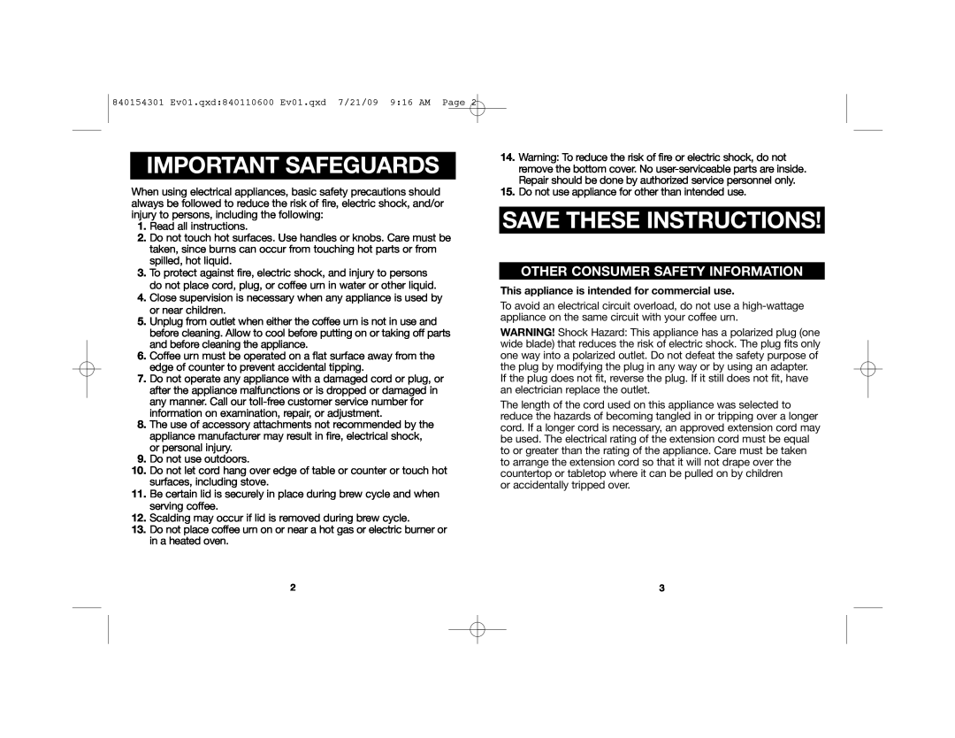 Hamilton Beach D50065, 840154301 manual Important Safeguards, Save These Instructions, Other Consumer Safety Information 