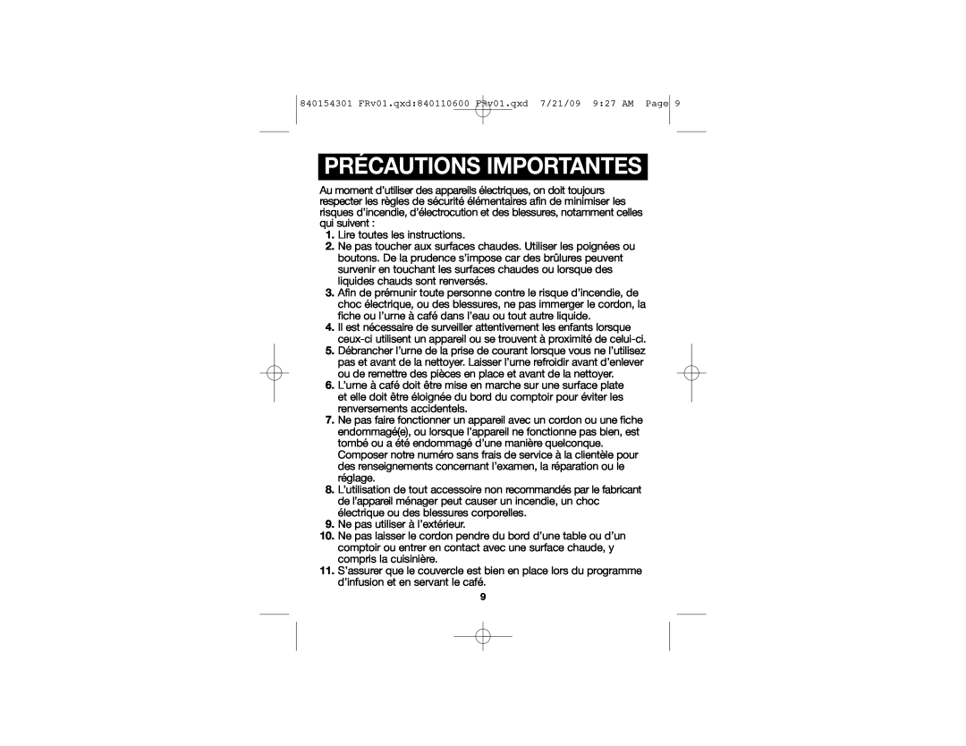 Hamilton Beach D50065, 840154301 manual Précautions Importantes 