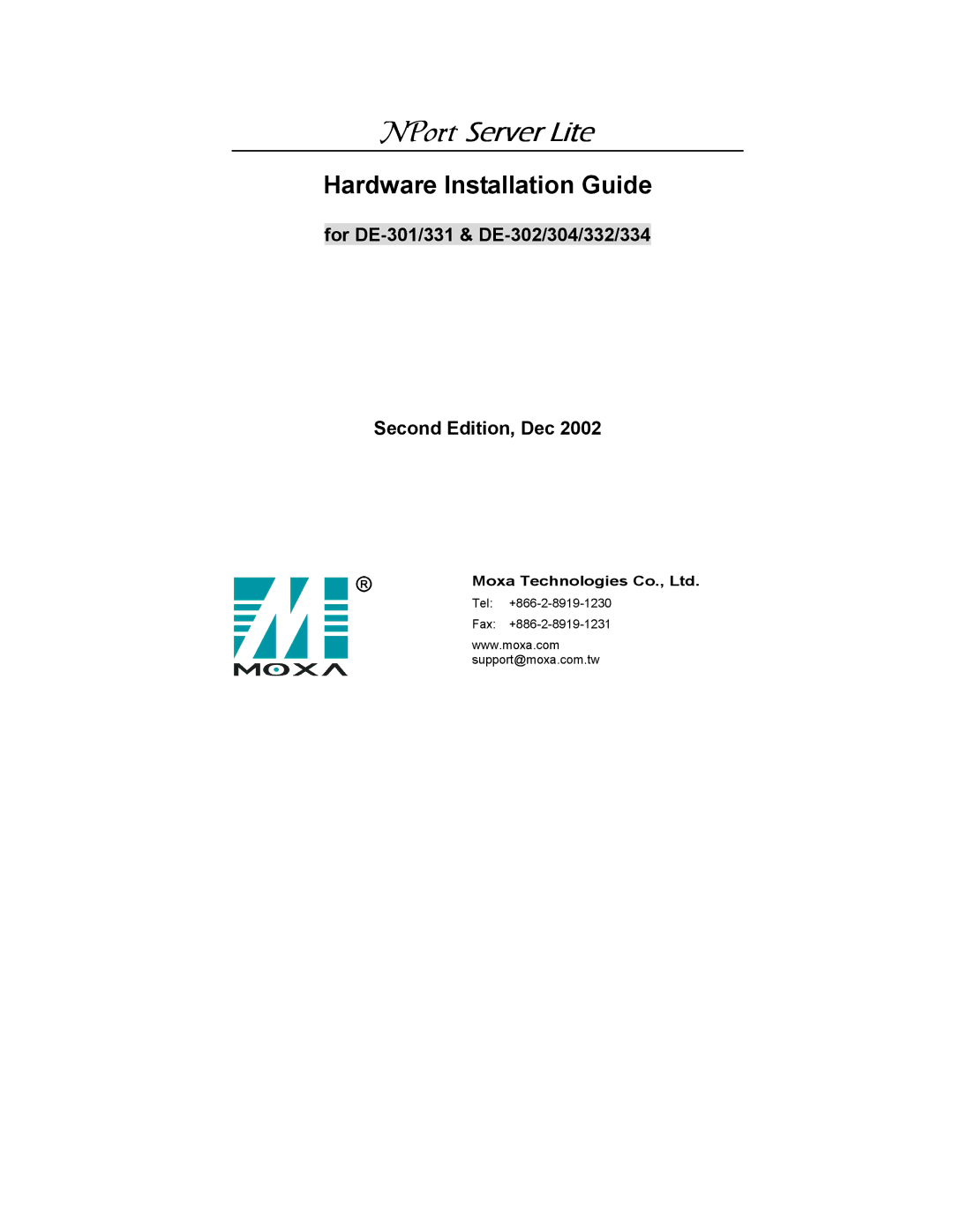 Hamilton Beach DE-301/331, DE-302/304/332/334 manual NPort Server Lite, Hardware Installation Guide 