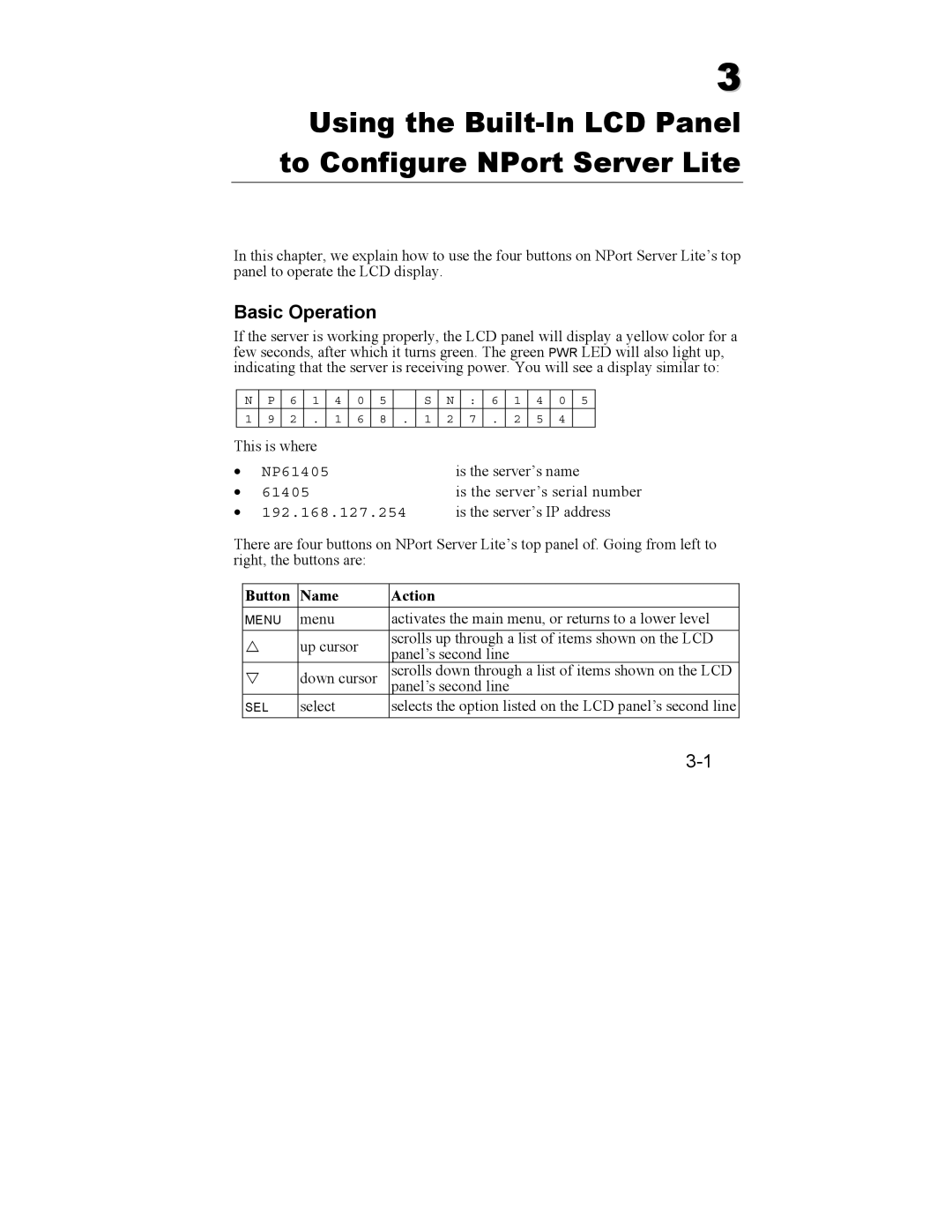 Hamilton Beach DE-301/331, DE-302/304/332/334 Using the Built-In LCD Panel to Configure NPort Server Lite, Basic Operation 