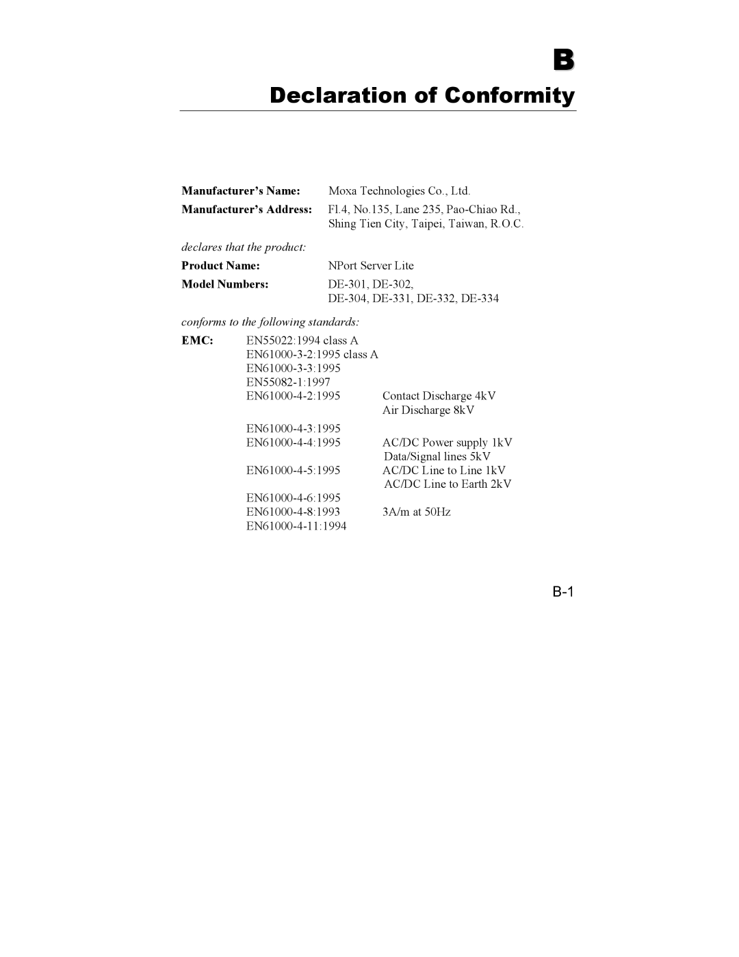 Hamilton Beach DE-301/331, DE-302/304/332/334 manual Declaration of Conformity, Manufacturer’s Name Manufacturer’s Address 