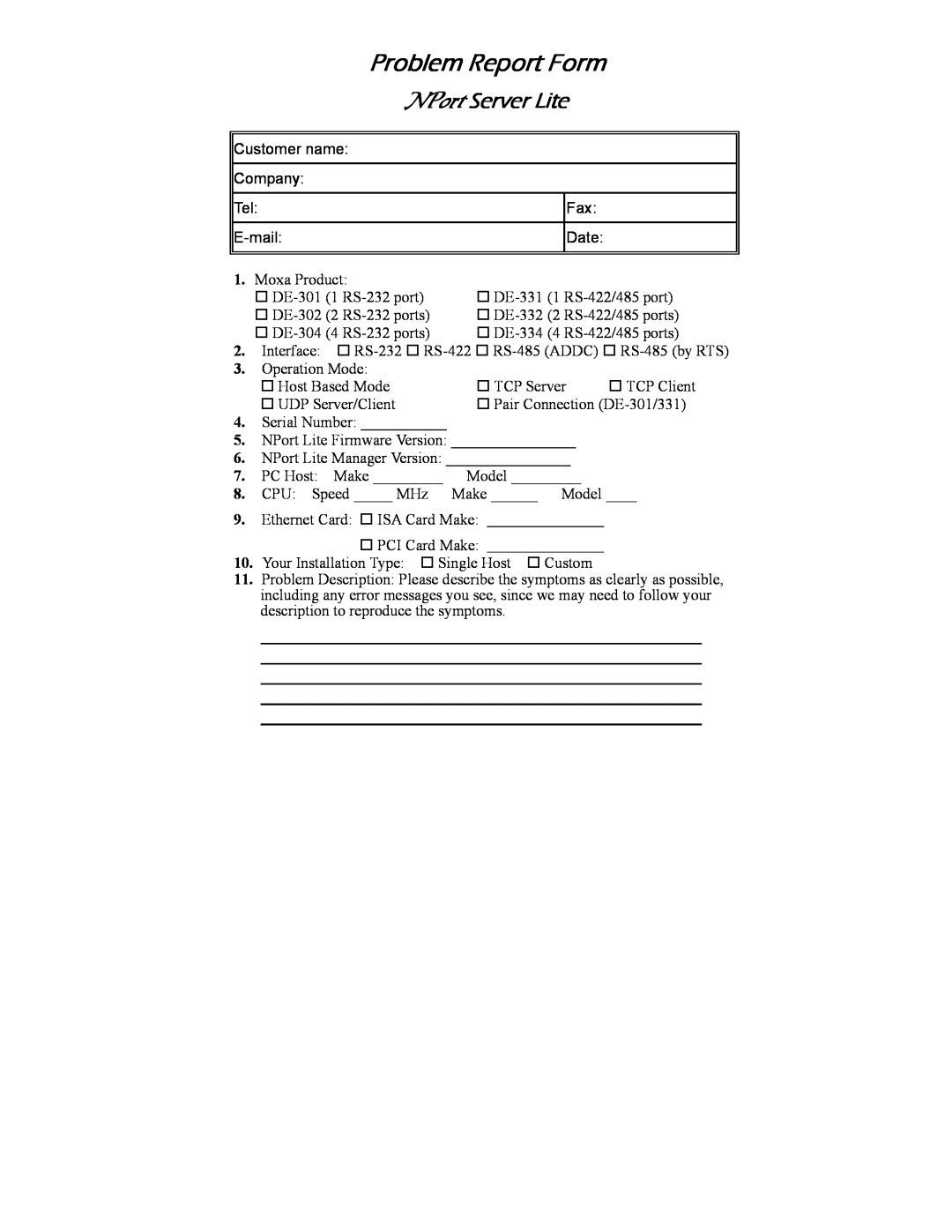 Hamilton Beach DE-301/331, DE-302/304/332/334 manual Problem Report Form, NPort Server Lite 