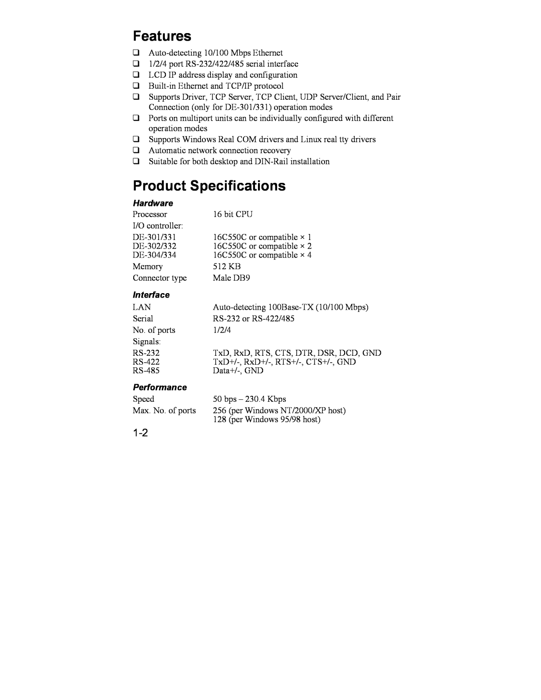 Hamilton Beach DE-302/304/332/334, DE-301/331 manual Features, Product Specifications, Hardware, Interface, Performance 
