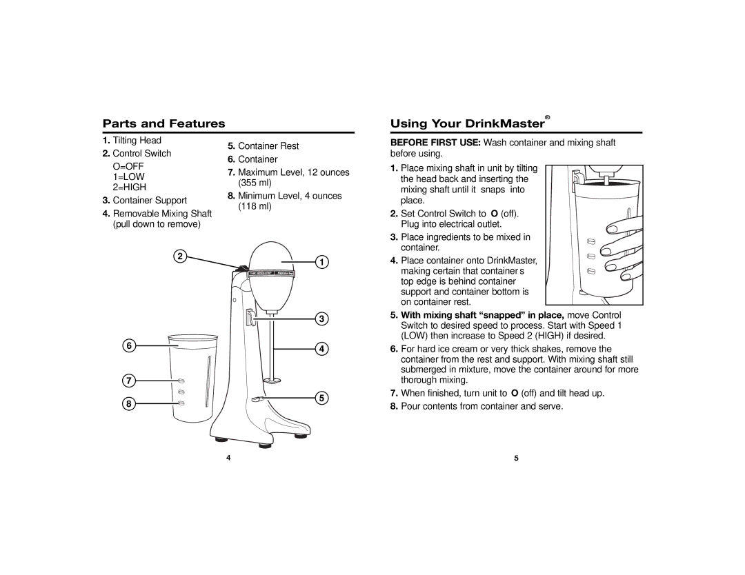 Hamilton Beach Drink Master manual Parts and Features, Using Your DrinkMaster 