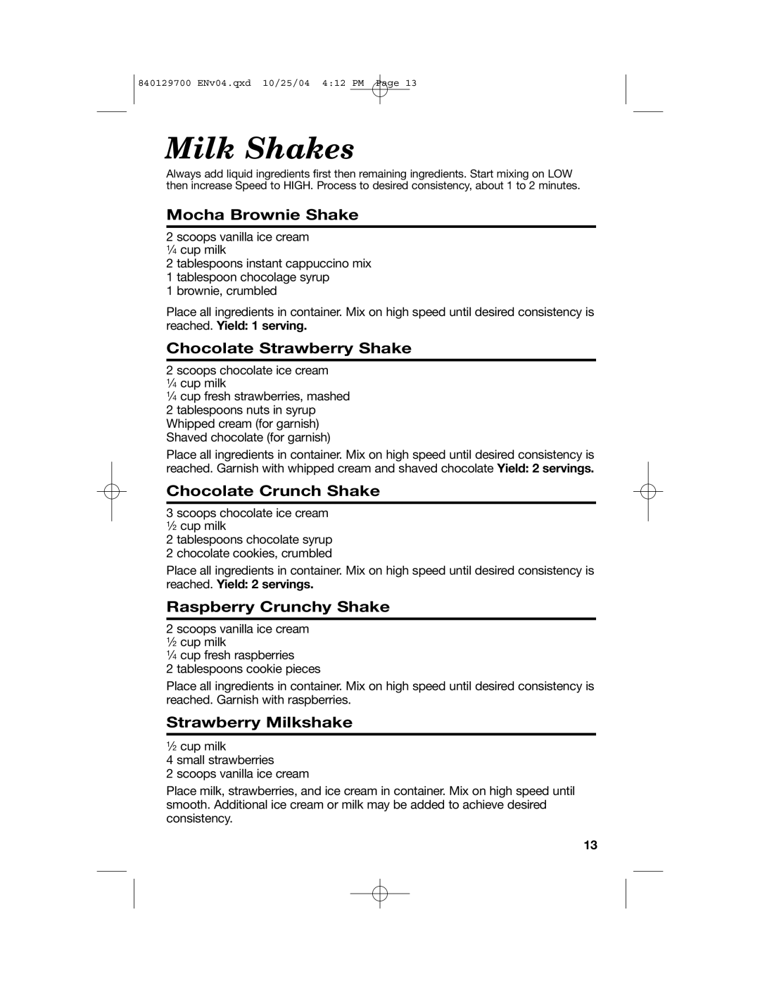 Hamilton Beach Drink Mixer Mocha Brownie Shake, Chocolate Strawberry Shake, Chocolate Crunch Shake, Strawberry Milkshake 