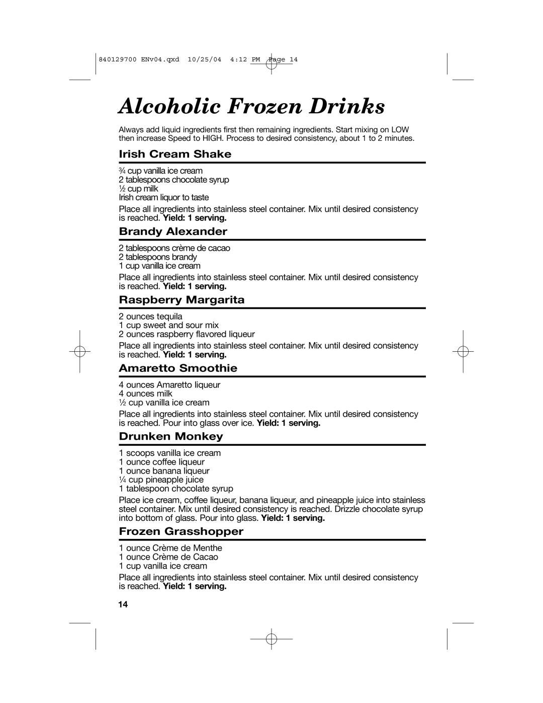 Hamilton Beach Drink Mixer manual Alcoholic Frozen Drinks, Irish Cream Shake, Brandy Alexander, Raspberry Margarita 
