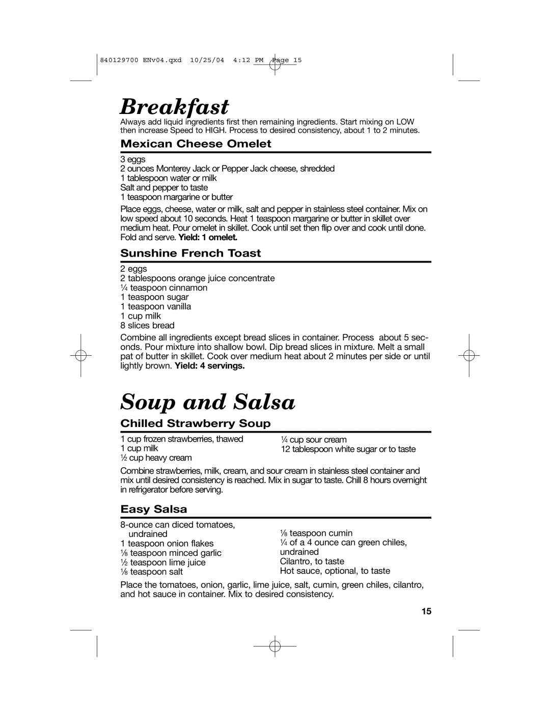 Hamilton Beach Drink Mixer manual Breakfast, Soup and Salsa, Mexican Cheese Omelet, Sunshine French Toast, Easy Salsa 