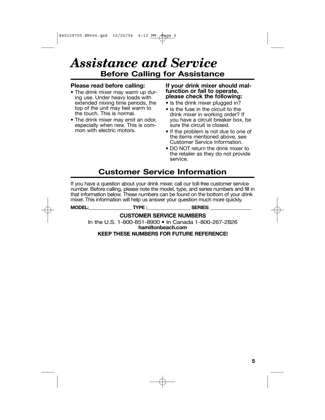 Hamilton Beach Drink Mixer manual Assistance and Service, Before Calling for Assistance, Customer Service Information 