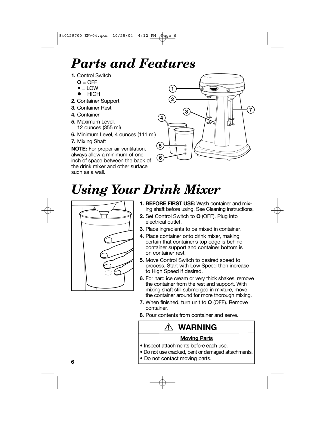 Hamilton Beach manual Parts and Features, Using Your Drink Mixer, Moving Parts 