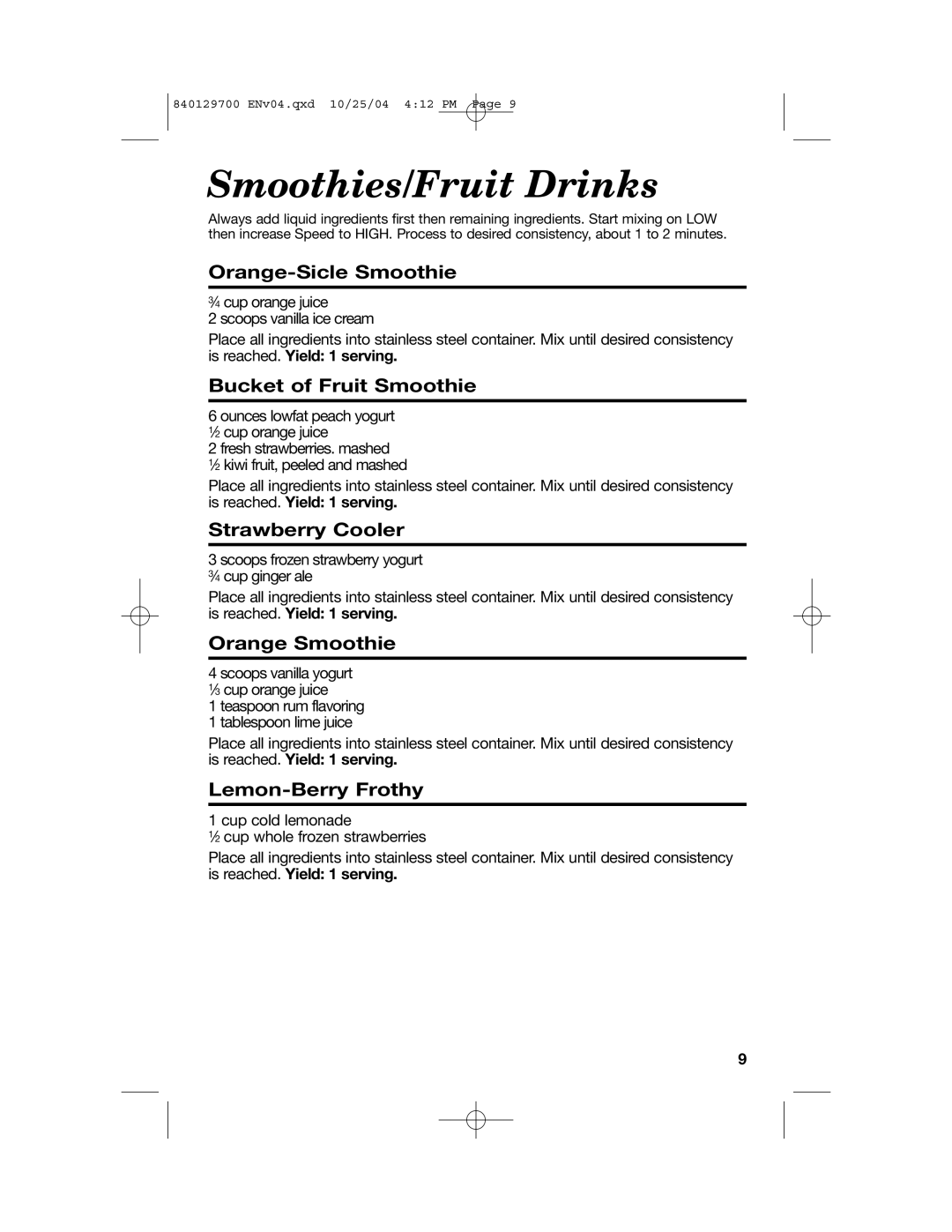 Hamilton Beach Drink Mixer manual Orange-Sicle Smoothie, Bucket of Fruit Smoothie, Strawberry Cooler, Orange Smoothie 