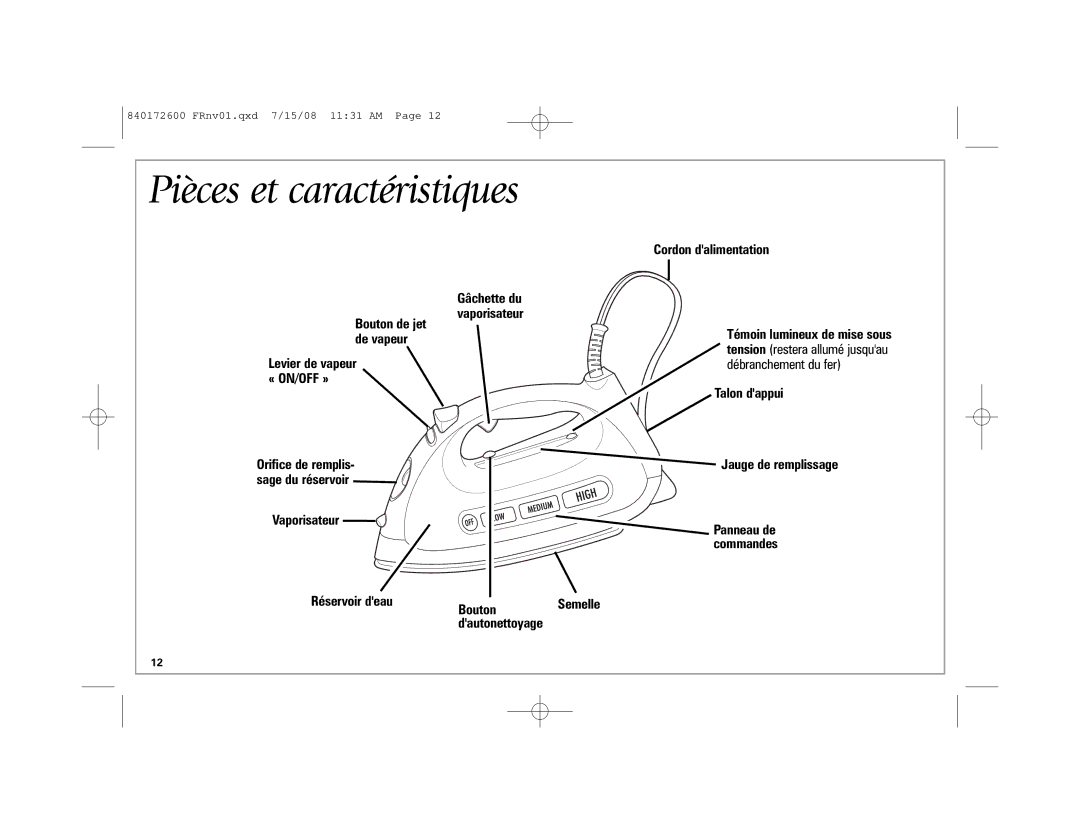 Hamilton Beach Easy Touch Iron manual Pièces et caractéristiques, Vaporisateur Réservoir deau Cordon dalimentation 