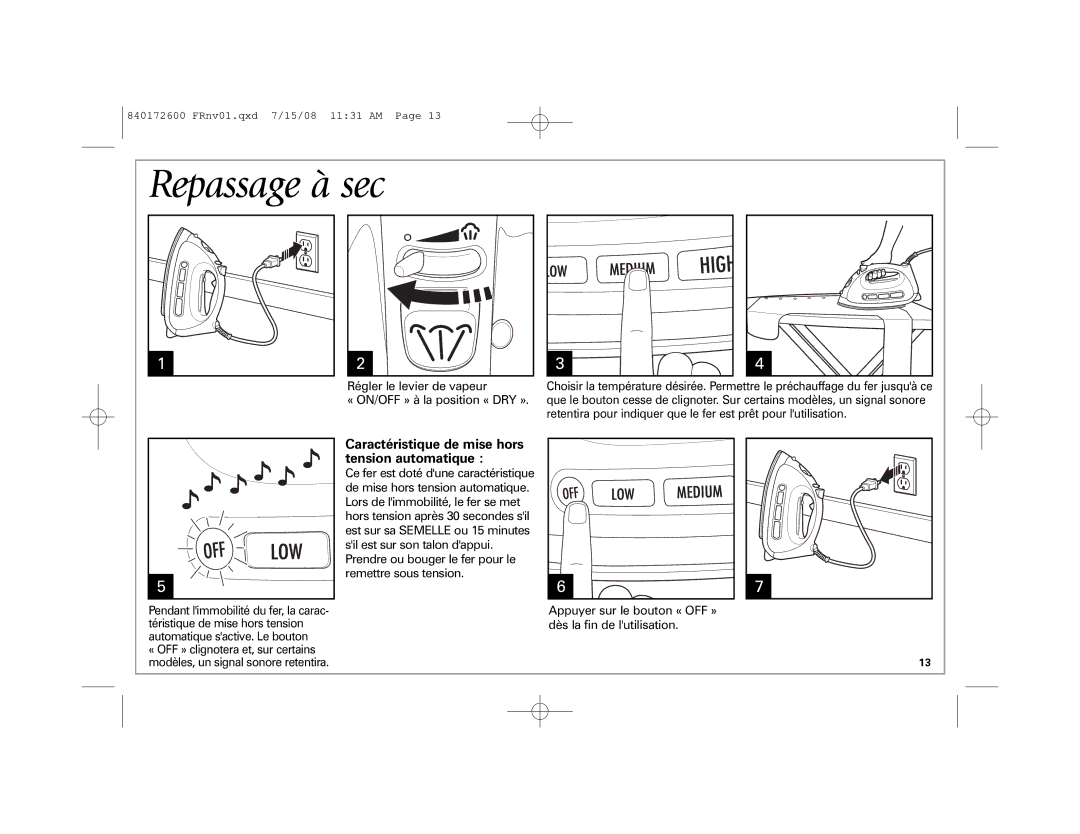 Hamilton Beach Easy Touch Iron manual Repassage à sec, Caractéristique de mise hors tension automatique 