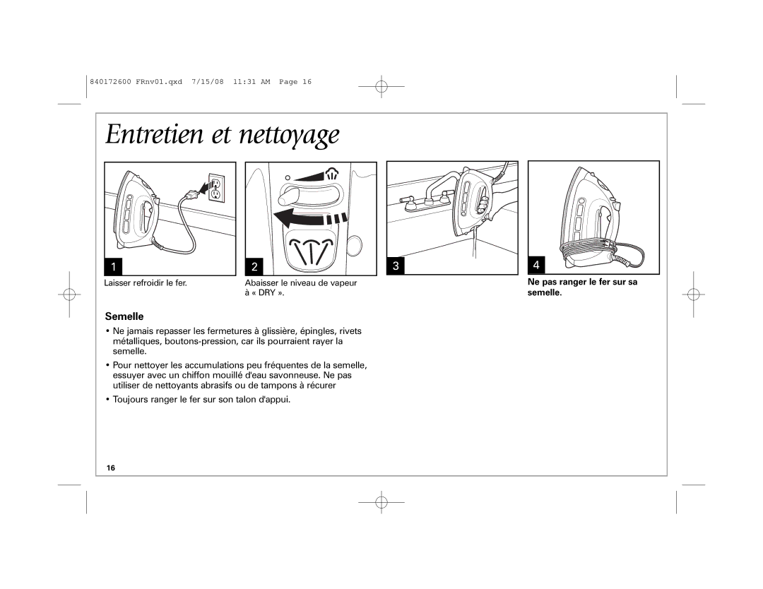 Hamilton Beach Easy Touch Iron manual Entretien et nettoyage, Semelle 