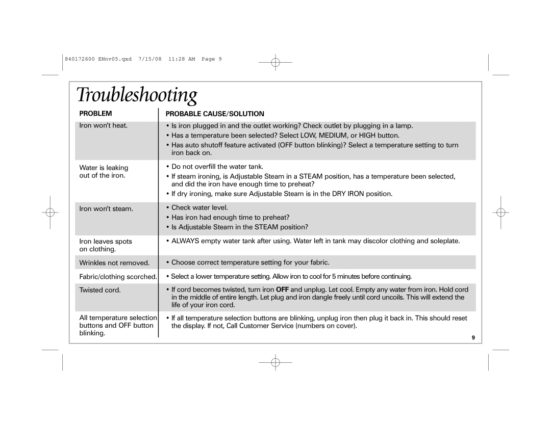 Hamilton Beach Easy Touch Iron manual Troubleshooting, Problem, Probable CAUSE/SOLUTION 