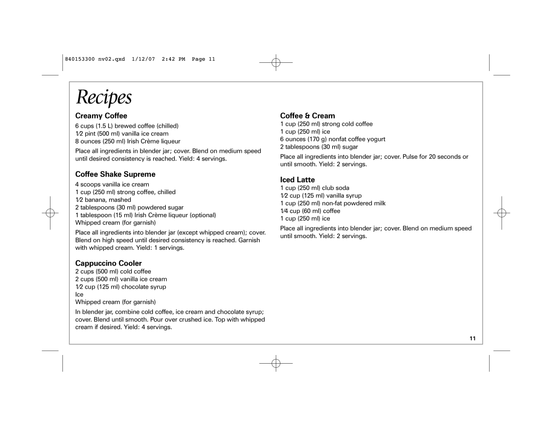 Hamilton Beach Eclectrics manual Recipes, Creamy Coffee 