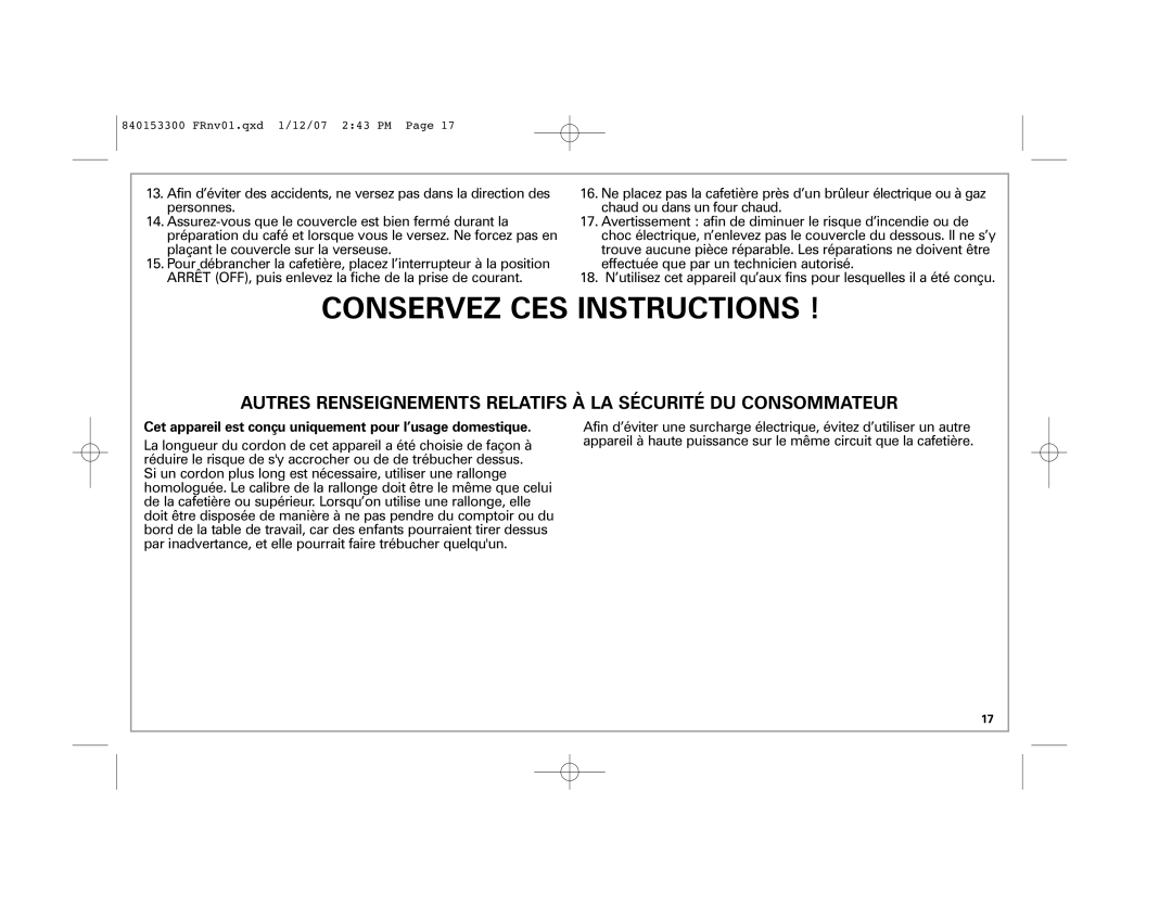 Hamilton Beach Eclectrics manual Conservez CES Instructions, Cet appareil est conçu uniquement pour l’usage domestique 