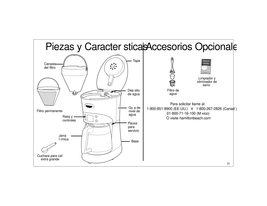 Hamilton Beach Eclectrics manual Piezas y Características Accesorios Opcionales, Filtro permanente Reloj y controles, Tapa 