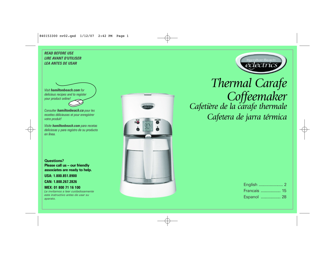 Hamilton Beach Eclectrics manual Thermal Carafe Coffeemaker, Read Before Use Lire Avant D’Utiliser, Lea Antes De Usar 