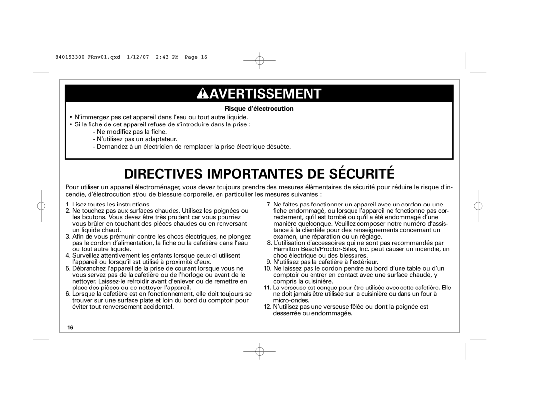 Hamilton Beach Eclectrics manual wAVERTISSEMENT, Directives Importantes De Sécurité, Risque d’électrocution 