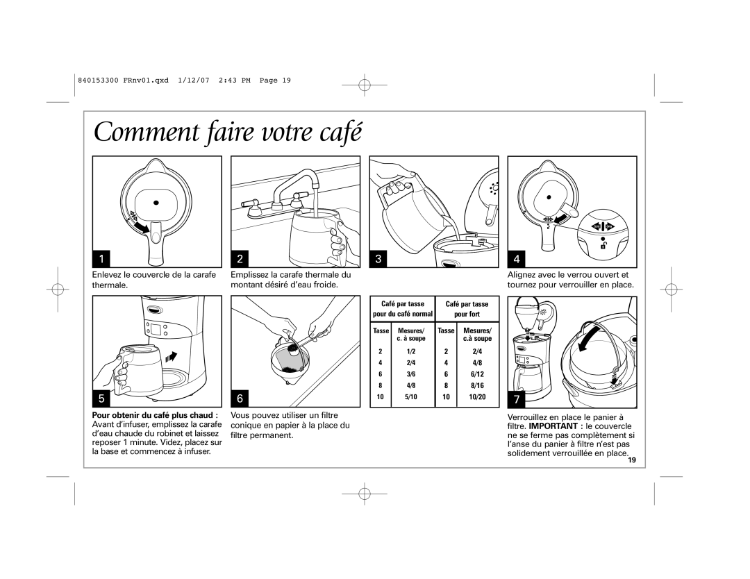 Hamilton Beach Eclectrics Comment faire votre café, FRnv01.qxd 1/12/07 2 43 PM Page, Café par tasse, Mesures, c.à soupe 