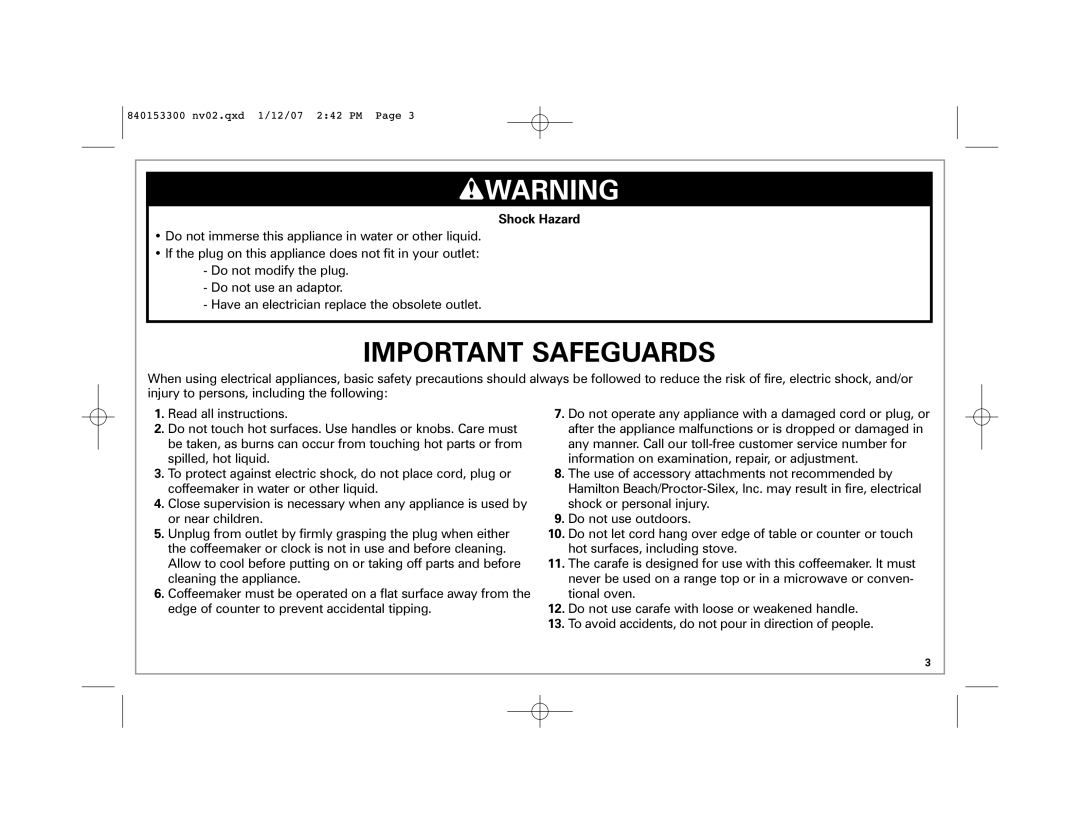 Hamilton Beach Eclectrics manual wWARNING, Important Safeguards, Shock Hazard 