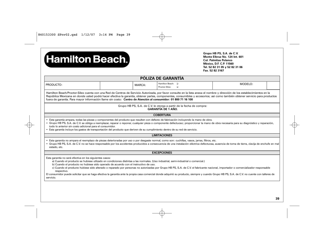 Hamilton Beach Eclectrics Póliza De Garantía, SPnv02.qxd 1/12/07 3 14 PM Page, Grupo HB PS, S.A. de C.V, Fax, Limitaciones 