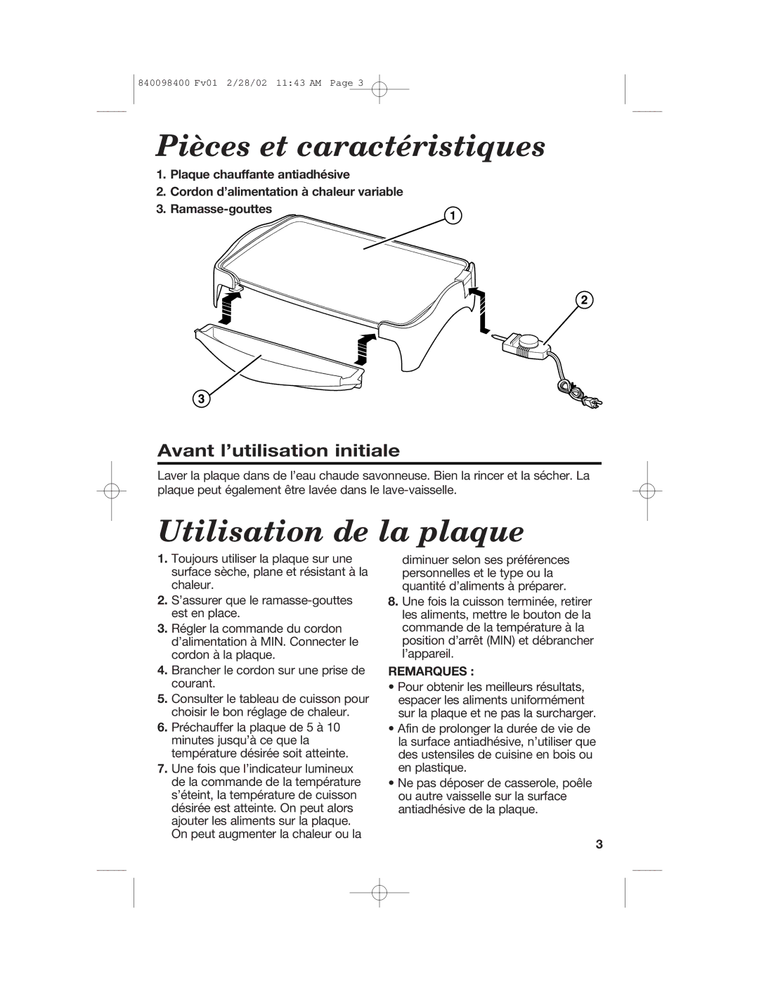 Hamilton Beach Electric Griddle manual Pièces et caractéristiques, Utilisation de la plaque, Avant l’utilisation initiale 