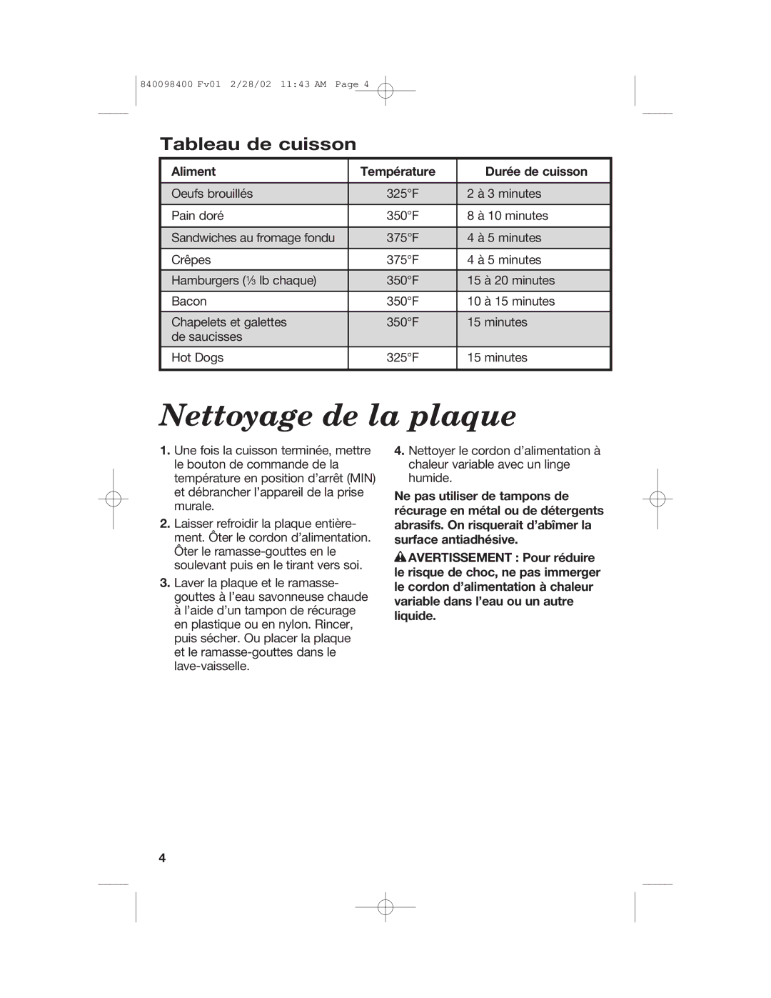 Hamilton Beach Electric Griddle manual Nettoyage de la plaque, Tableau de cuisson, Aliment Température Durée de cuisson 