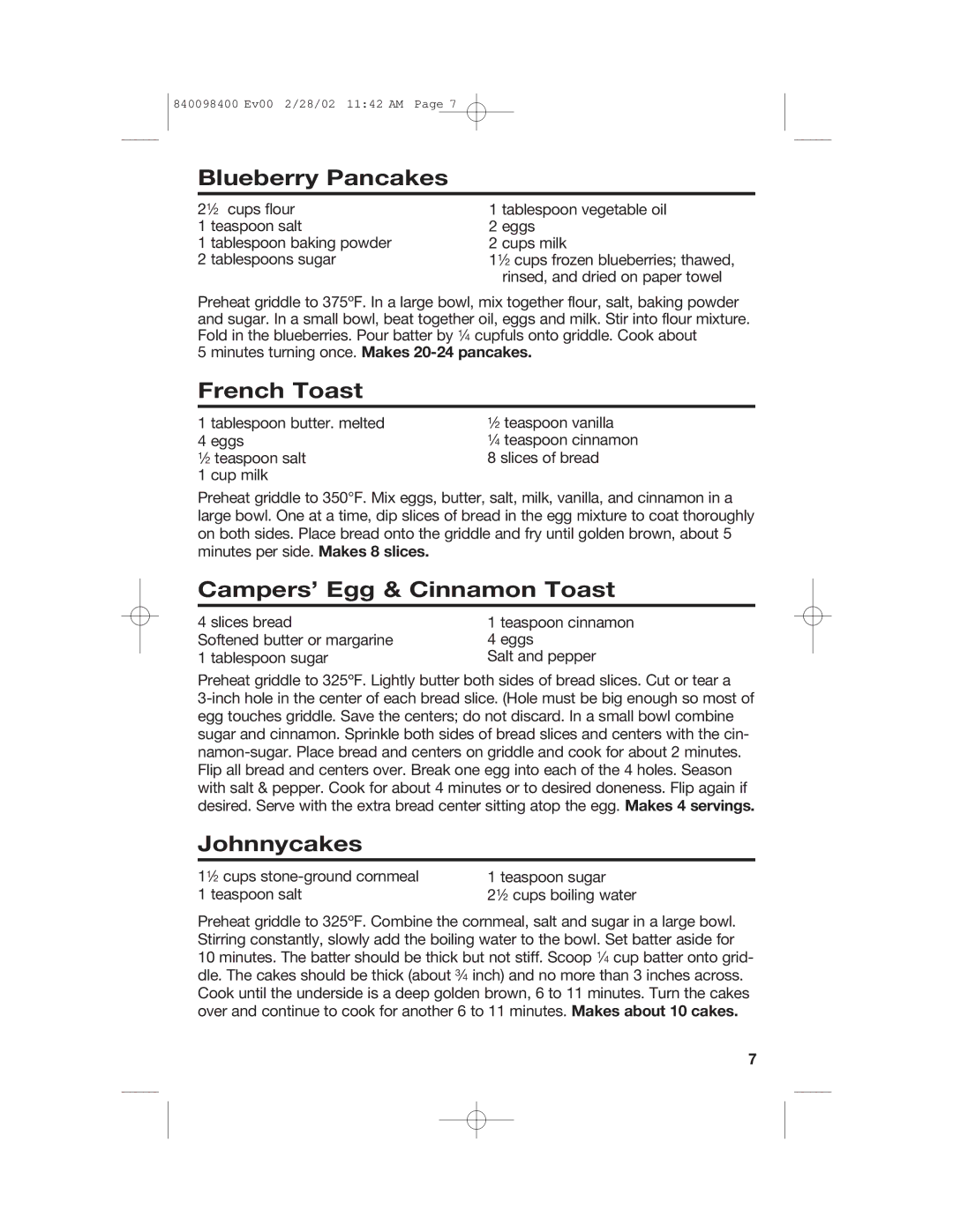 Hamilton Beach Electric Griddle manual Blueberry Pancakes, French Toast, Campers’ Egg & Cinnamon Toast, Johnnycakes 