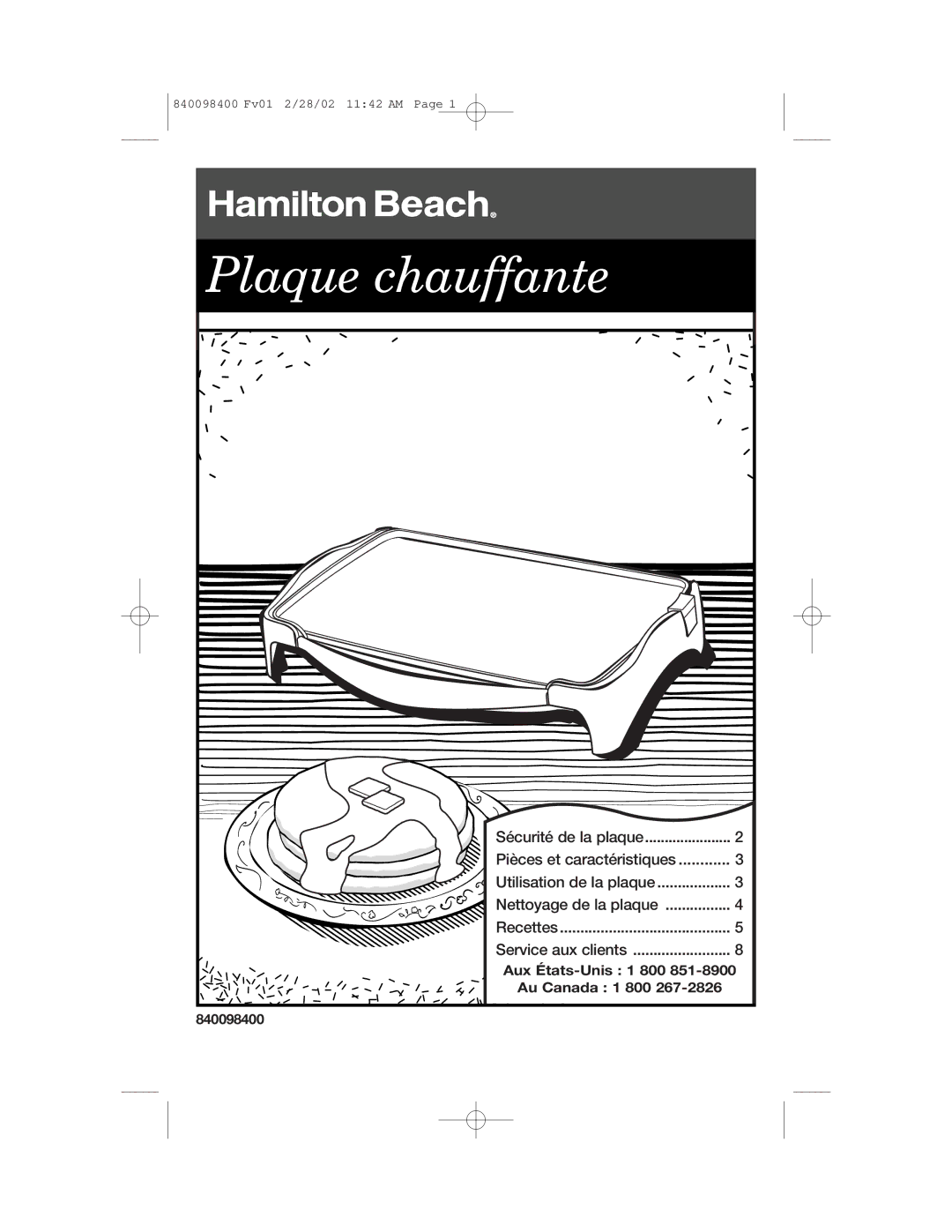 Hamilton Beach Electric Griddle manual Plaque chauffante 