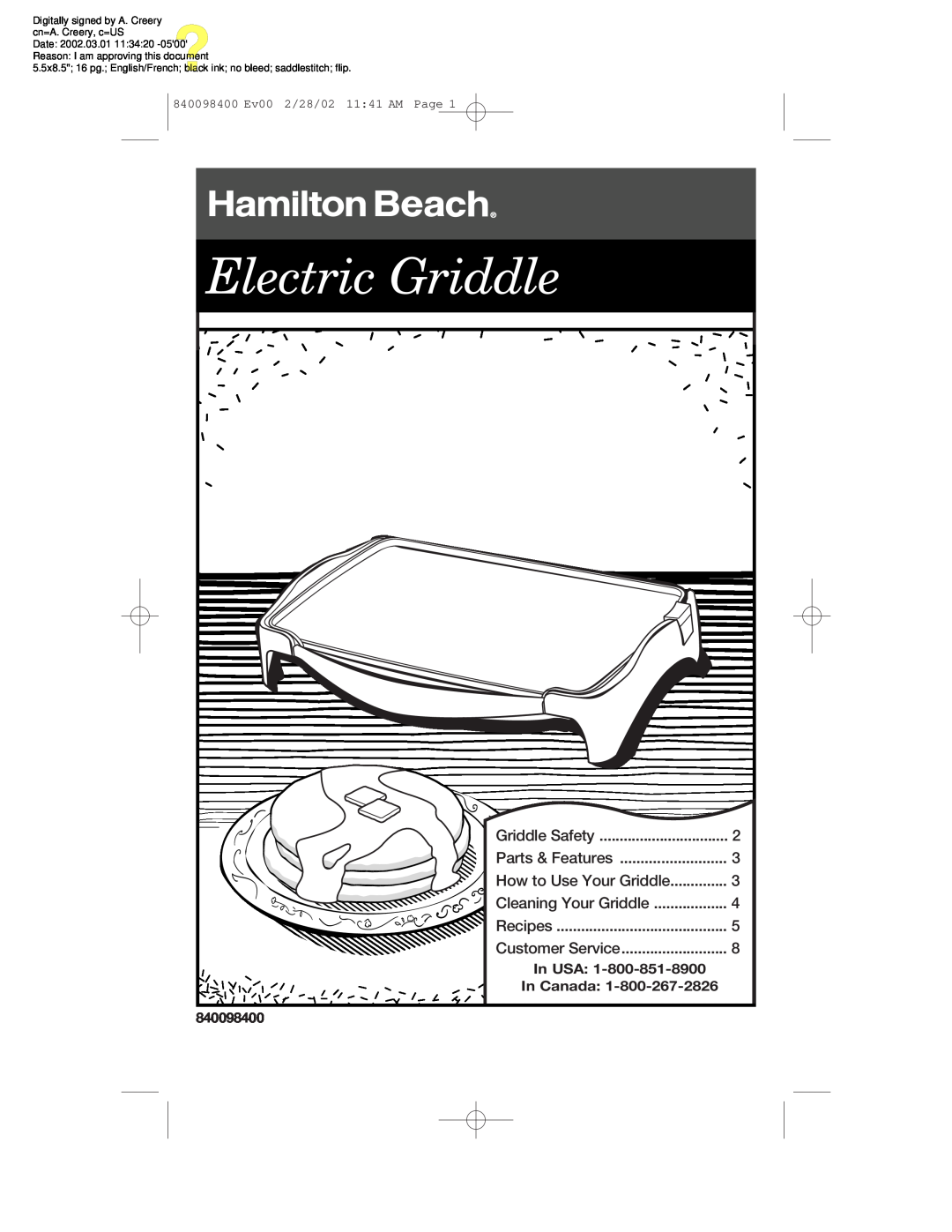 Hamilton Beach Electric Griddle manual In USA, In Canada, 840098400 Ev00 2/28/02 11 41 AM Page, Date 