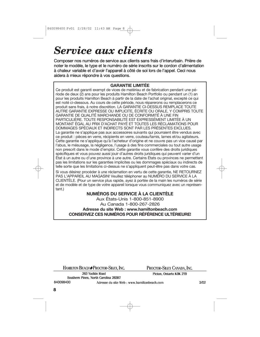 Hamilton Beach Electric Griddle manual Service aux clients, Numéros Du Service À La Clientèle, Garantie Limitée 