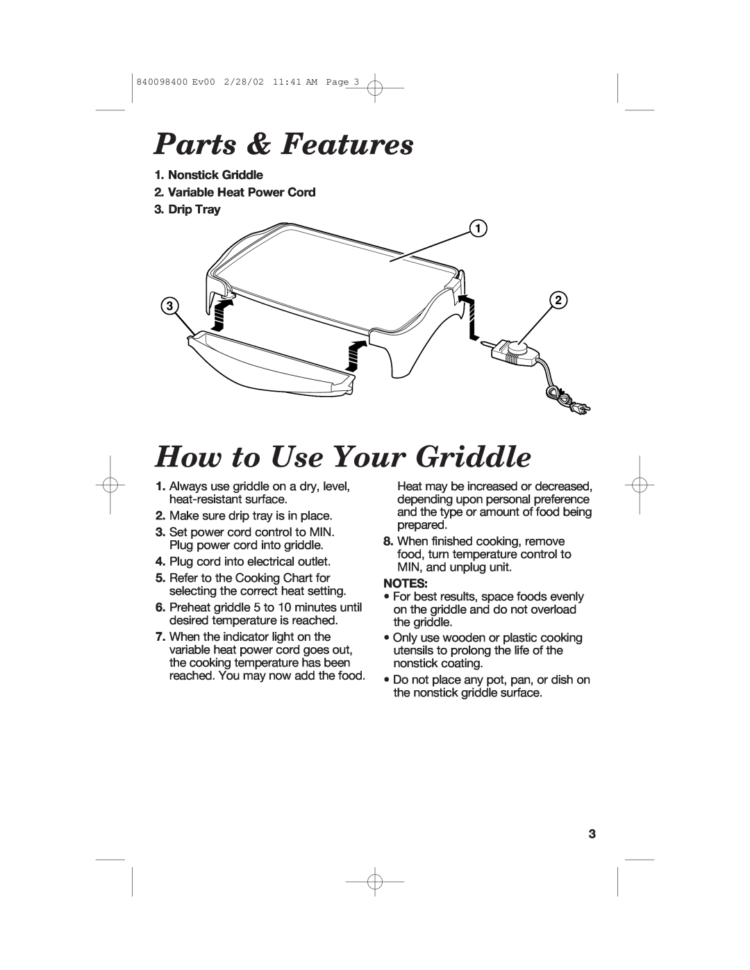 Hamilton Beach Electric Griddle Parts & Features, How to Use Your Griddle, Nonstick Griddle 2.Variable Heat Power Cord 