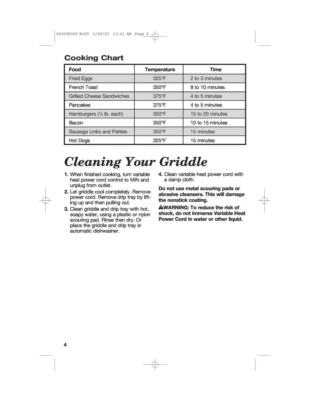 Hamilton Beach Electric Griddle manual Cleaning Your Griddle, Cooking Chart, Food, Temperature, Time 