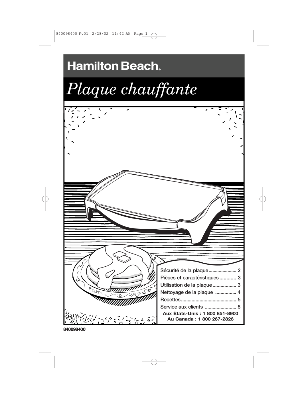 Hamilton Beach Electric Griddle manual Plaque chauffante, Aux États-Unis, Au Canada, 840098400 